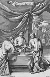 En diskussion mellan kartografer, illustration från bok 2, del 5, kapitel 10 i "Filosofins principer", graverad av Johannes Kip (165353-1722), 1694.